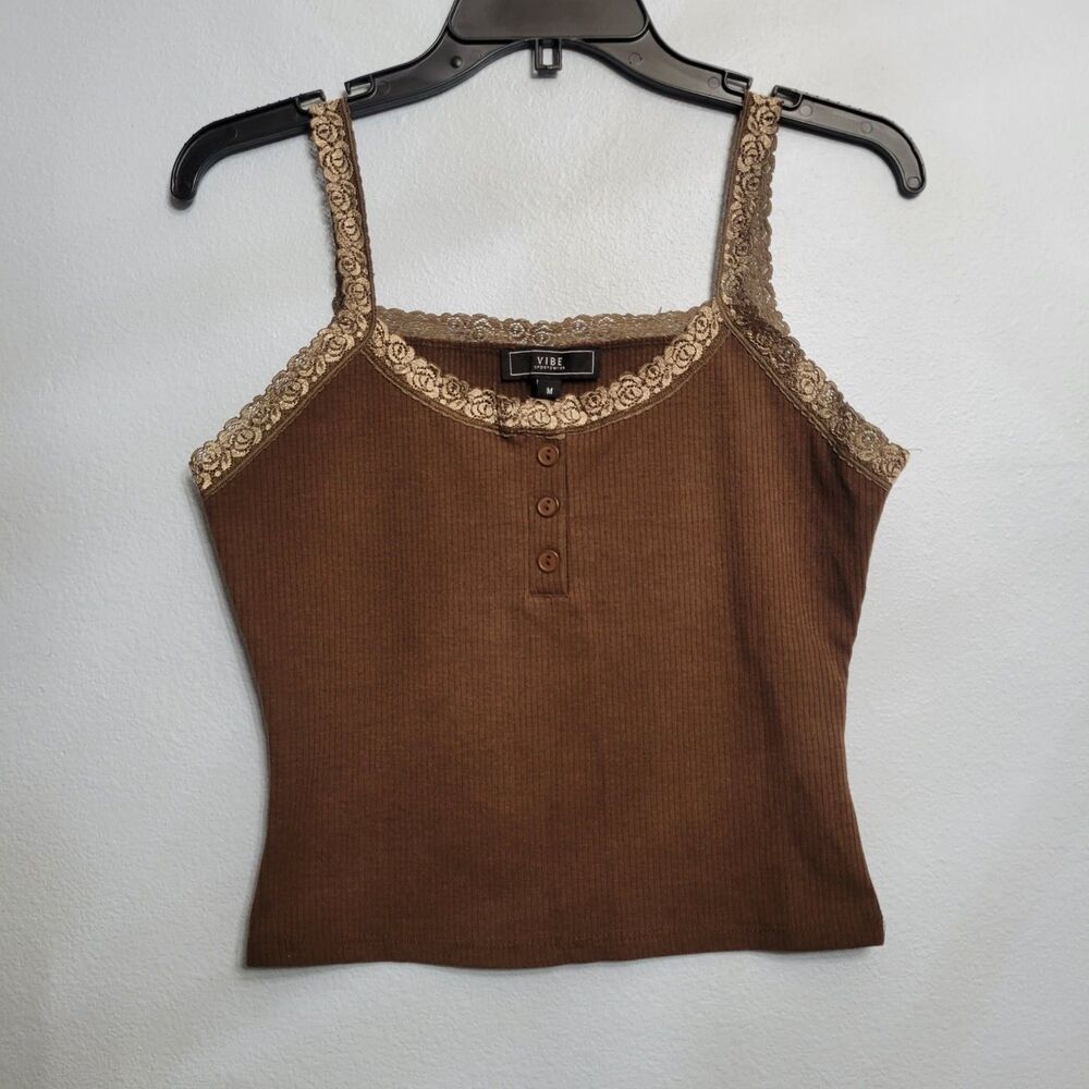 Vibe Brown Ribbed Lace Trim Henley Tank Top Cami MED Y2K Elena Gilbert Boho 90s
